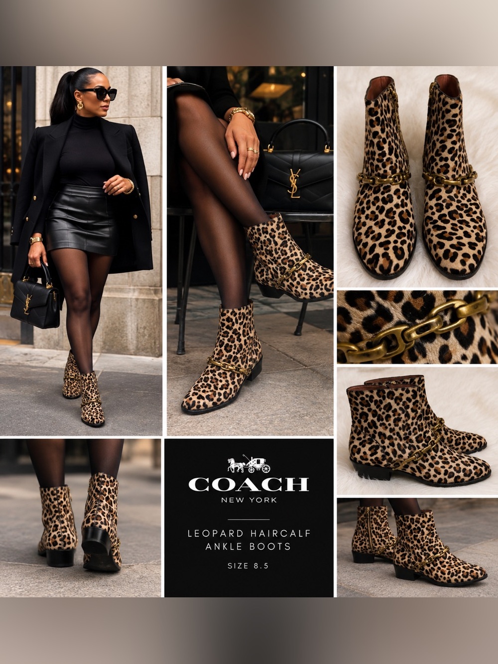 Coach Leopard Calf Hair Ankle Boots | Luxe Chain Detail | Size 8.5